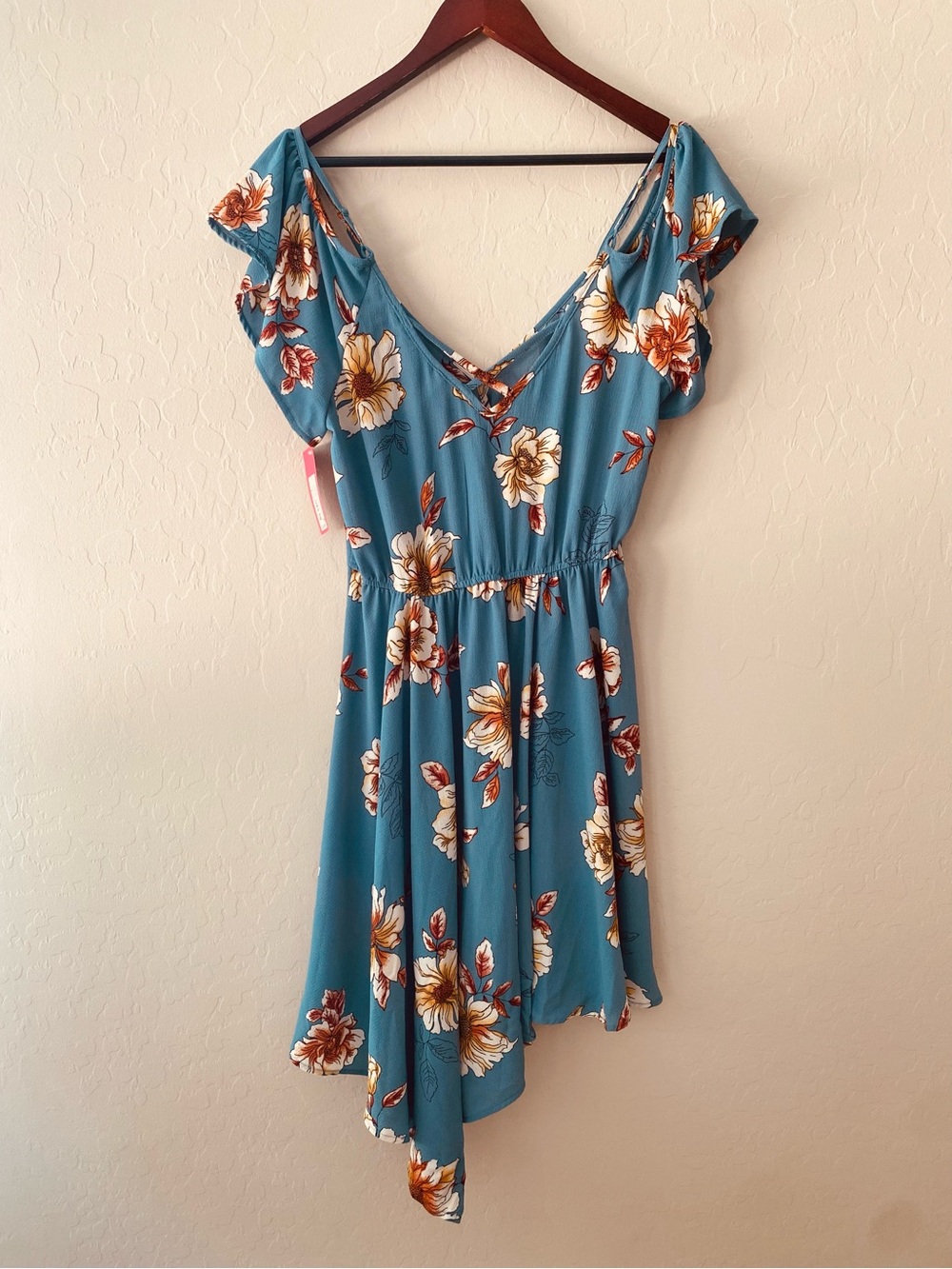 Xhilaration Floral Cold Shoulder Dress Blue NWT Asymmetrical Hem High Low Size S